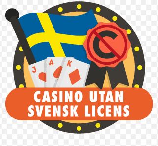 Texten "Casino utan svensk licens" under en svensk flagga och tre spelkort.